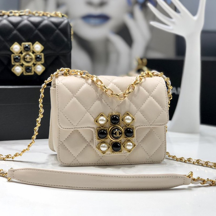 Chanel Womens Bags Small Flap Bag Calfskin, Crystal Pearls, Resin & Gold-Tone Metal