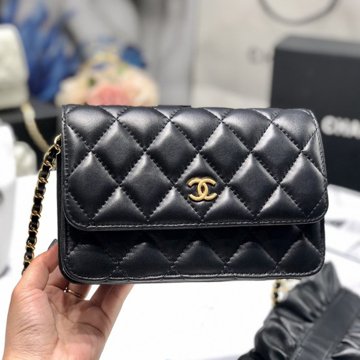 Chanel Womens Bags Crossbody Bag Wallet on Chain Lambskin & Gold-Tone Metal Black
