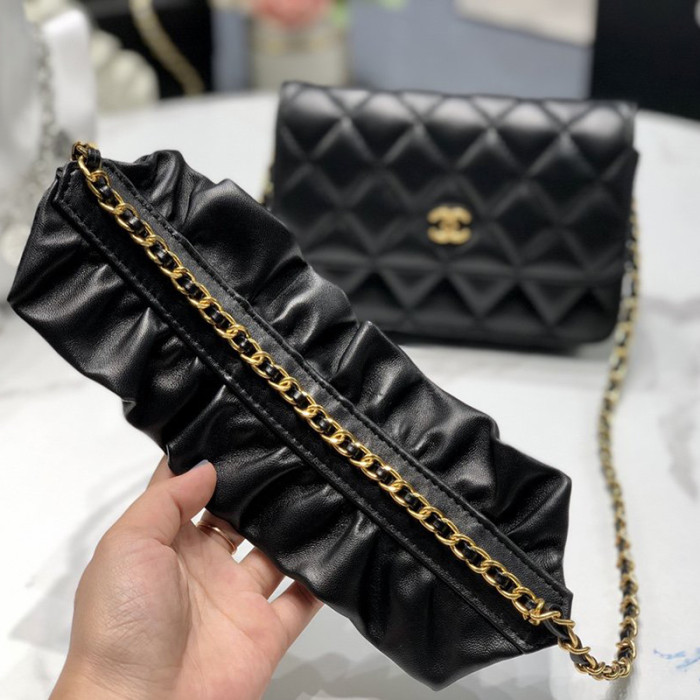 Chanel Womens Bags Crossbody Bag Wallet on Chain Lambskin & Gold-Tone Metal Black