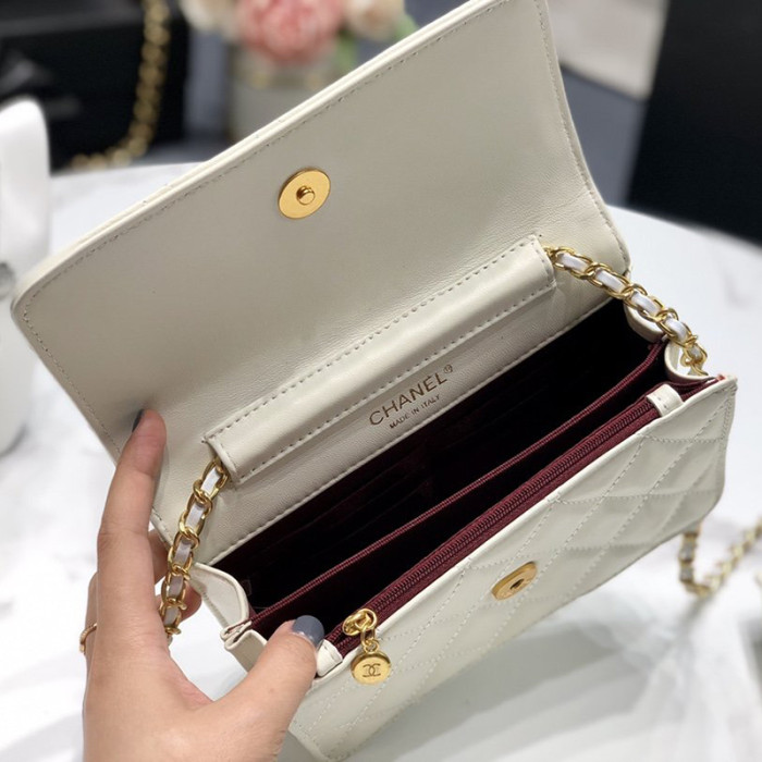 Chanel Womens Bags Crossbody Bag Wallet on Chain Lambskin & Gold-Tone Metal White