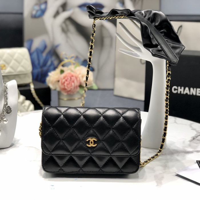 Chanel Womens Bags Crossbody Bag Wallet on Chain Lambskin & Gold-Tone Metal Black