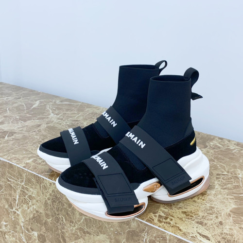 Balmain Women Shoes Sneakers Luxury Brand Black and white high-top suede and knit BBold sneakers with strap TN0C500TKSEEAB