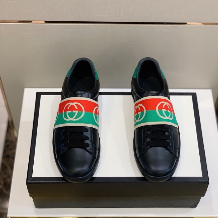 Gucci Mens Shoes Sneakers Luxury Brand Men's Ace sneaker with elastic Web in Black Leather 643488 1XGF0 1076
