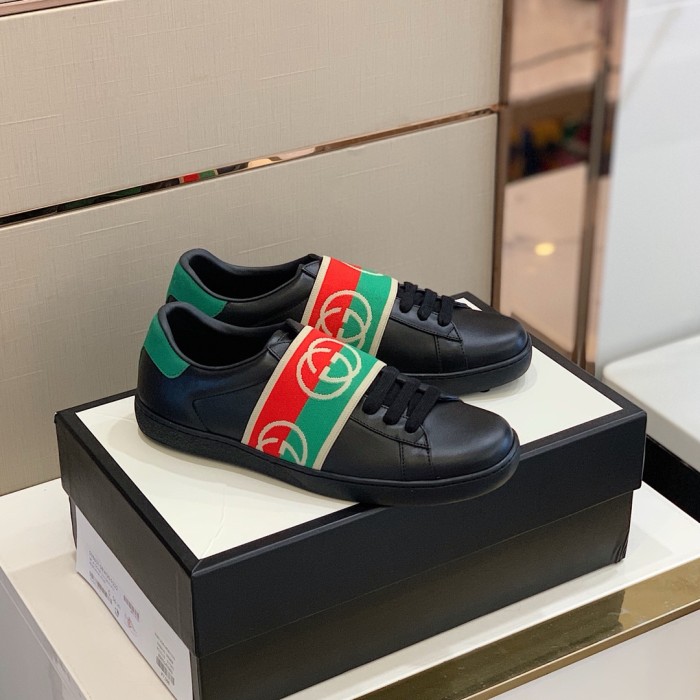 Gucci Mens Shoes Sneakers Luxury Brand Men's Ace sneaker with elastic Web in Black Leather 643488 1XGF0 1076