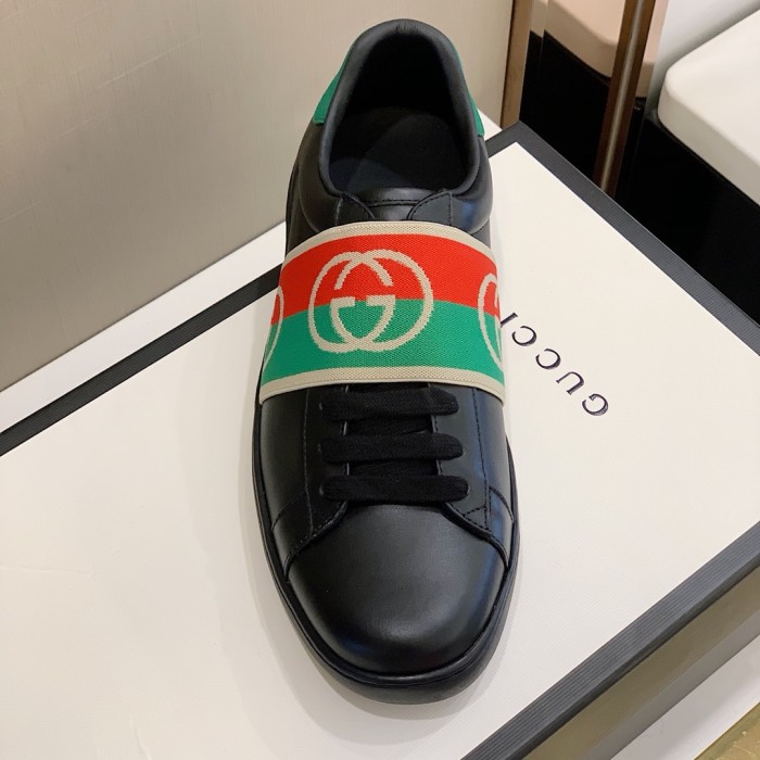Gucci Mens Shoes Sneakers Luxury Brand Men's Ace sneaker with elastic Web in Black Leather 643488 1XGF0 1076