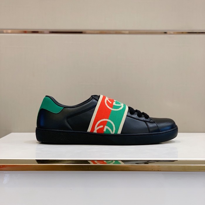 Gucci Mens Shoes Sneakers Luxury Brand Men's Ace sneaker with elastic Web in Black Leather 643488 1XGF0 1076