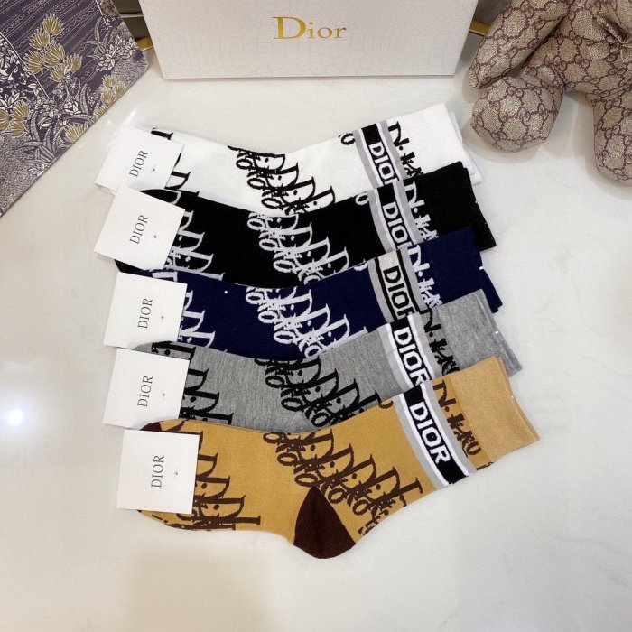 Dior Socks 5 Pairs with Original Box Luxury Brand Breathable Dior Sock