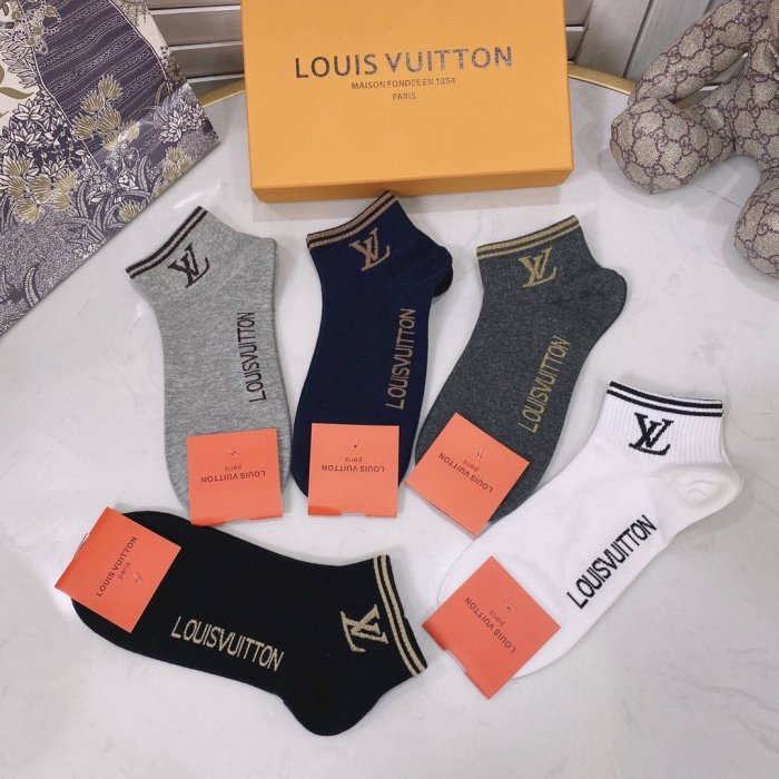 Louis Vuitton Socks 5 Pairs with Original Box Luxury Brand Breathable LV Sock