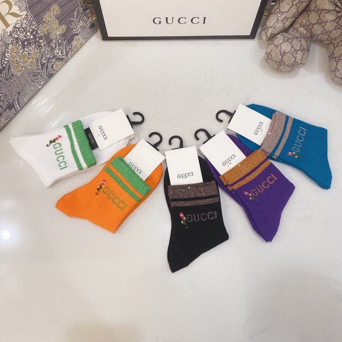 Gucci Socks 5 Pairs with Original Box Luxury Brand Breathable Gucci Sock