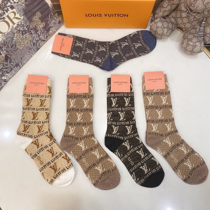 Louis Vuitton Socks 5 Pairs with Original Box Luxury Brand Breathable LV Sock