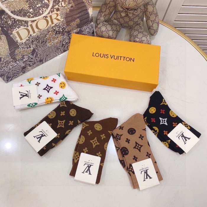 Louis Vuitton Socks 5 Pairs with Original Box Luxury Brand Breathable LV Sock