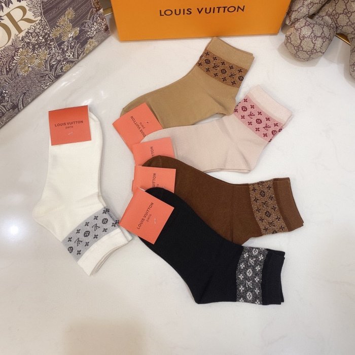 Louis Vuitton Socks 5 Pairs with Original Box Luxury Brand Breathable LV Sock