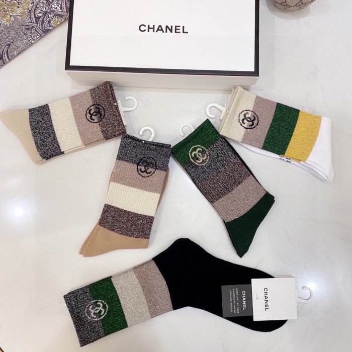 Chanel Socks 5 Pairs with Original Box Luxury Brand Breathable Chanel Sock