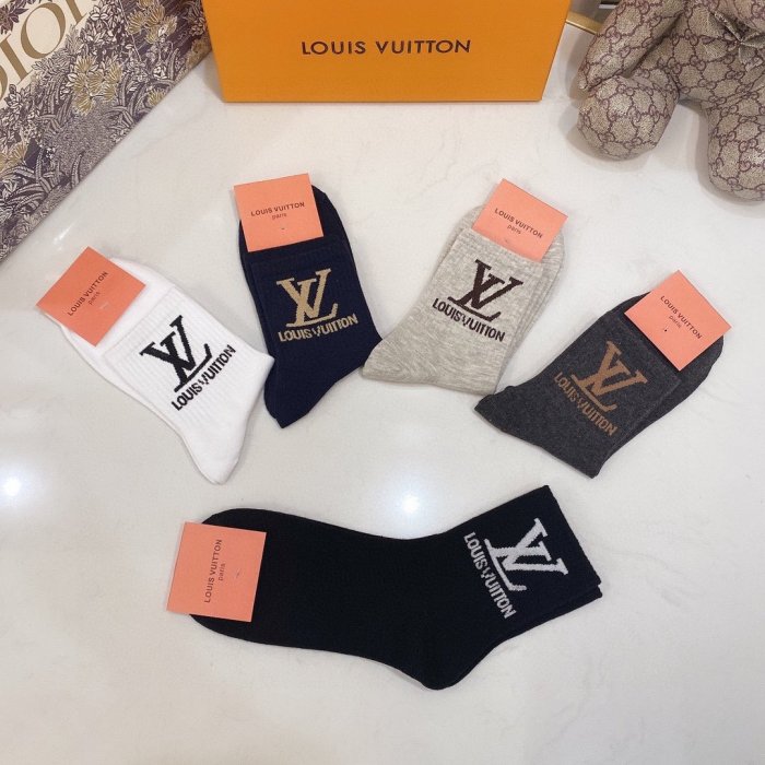 Louis Vuitton Socks 5 Pairs with Original Box Luxury Brand Breathable LV Sock