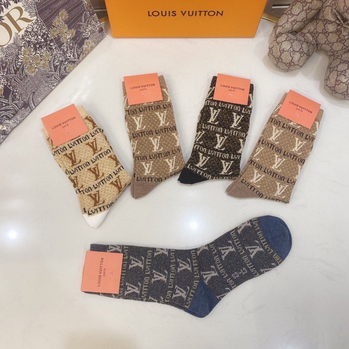 Louis Vuitton Socks 5 Pairs with Original Box Luxury Brand Breathable LV Sock