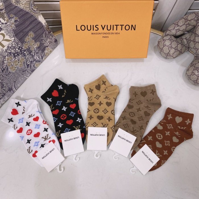 Louis Vuitton Socks 5 Pairs with Original Box Luxury Brand Breathable LV Sock