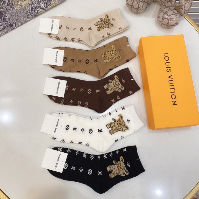 Louis Vuitton Socks 5 Pairs with Original Box Luxury Brand Breathable LV Sock