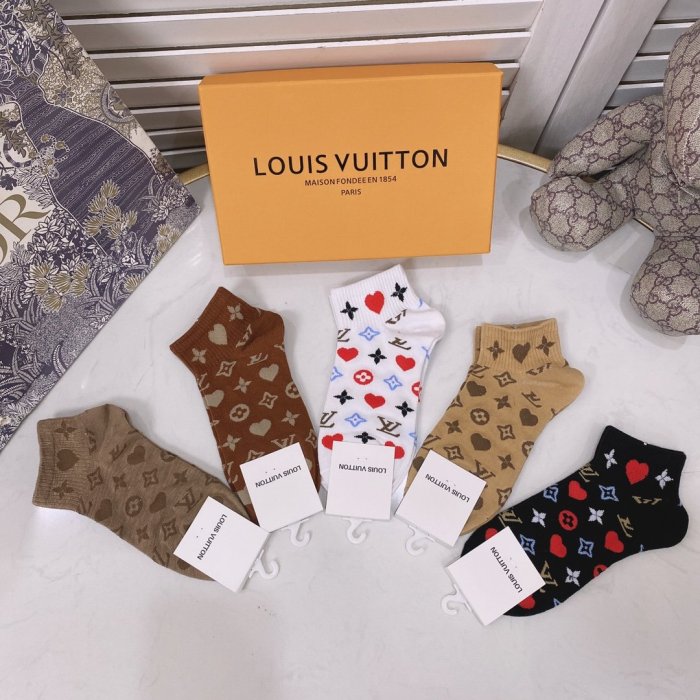 Louis Vuitton Socks 5 Pairs with Original Box Luxury Brand Breathable LV Sock