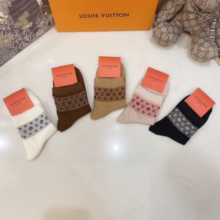 Louis Vuitton Socks 5 Pairs with Original Box Luxury Brand Breathable LV Sock