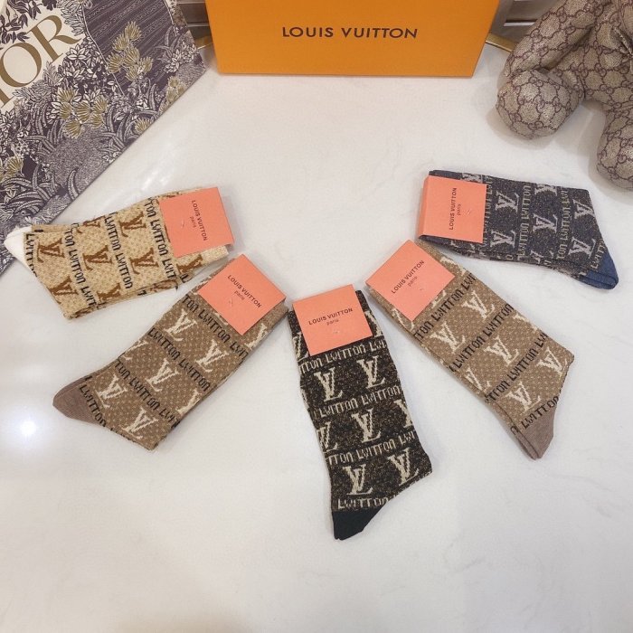 Louis Vuitton Socks 5 Pairs with Original Box Luxury Brand Breathable LV Sock