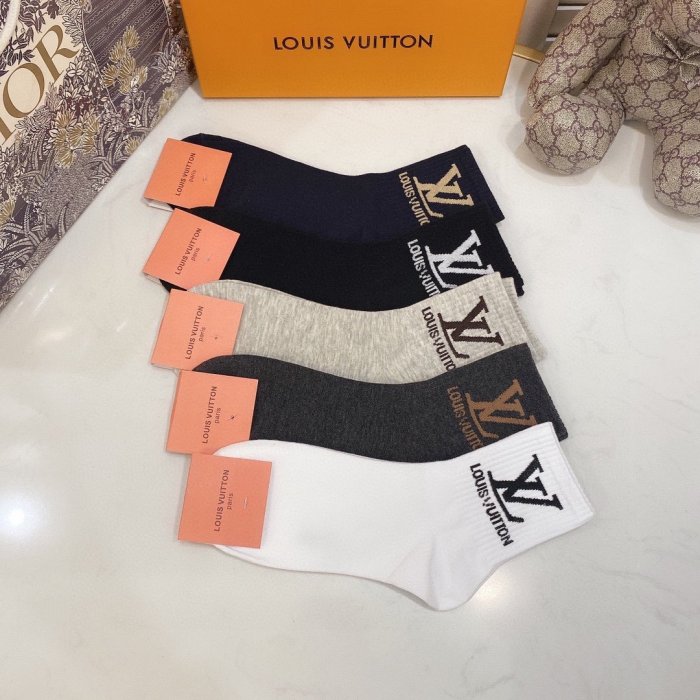 Louis Vuitton Socks 5 Pairs with Original Box Luxury Brand Breathable LV Sock