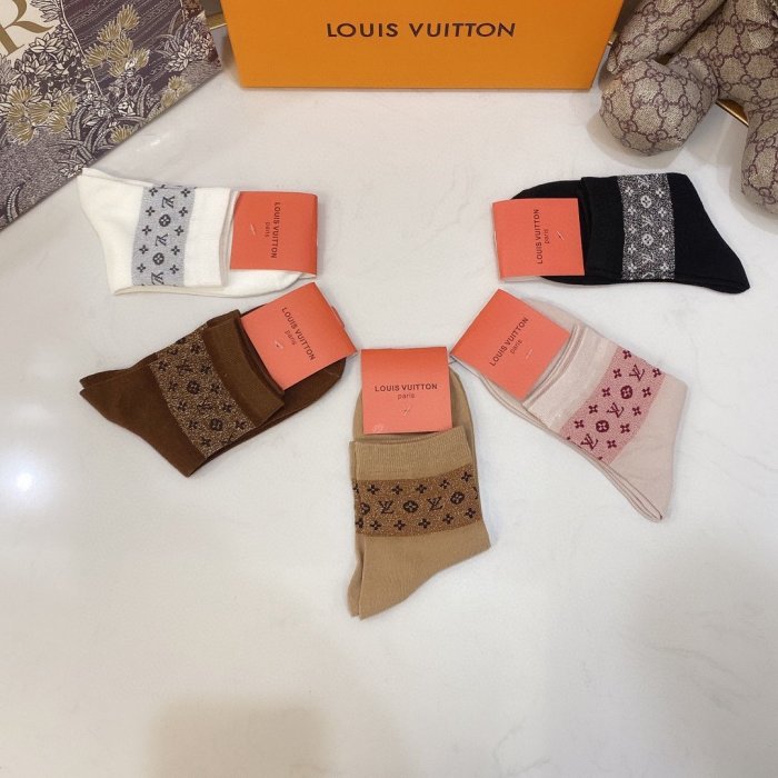 Louis Vuitton Socks 5 Pairs with Original Box Luxury Brand Breathable LV Sock
