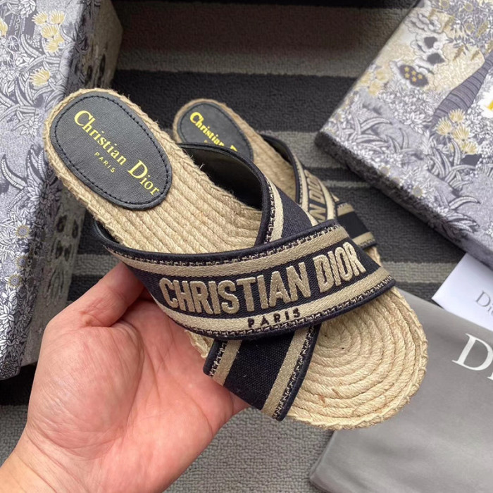 Dior Women Shoes Slippers DWAY Slides Luxury Brand Design Dior Espadrille Nude Mesh Embroidery Womens Shoes with Original Box