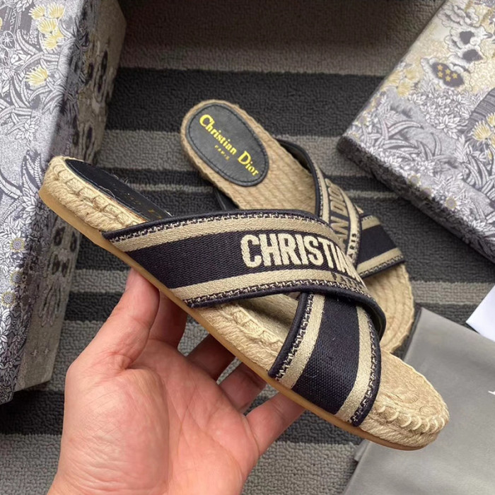 Dior Women Shoes Slippers DWAY Slides Luxury Brand Design Dior Espadrille Nude Mesh Embroidery Womens Shoes with Original Box