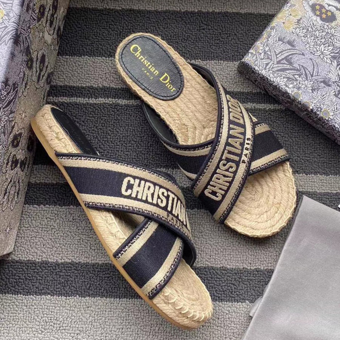 Dior Women Shoes Slippers DWAY Slides Luxury Brand Design Dior Espadrille Nude Mesh Embroidery Womens Shoes with Original Box