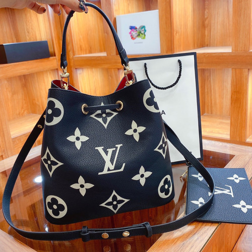 Louis Vuitton Womens Bag Crossbody Design NÉONOÉ MM Black/Beige Bicolor Monogram Empreinte Leather Luxury Brand with Original Box M45497