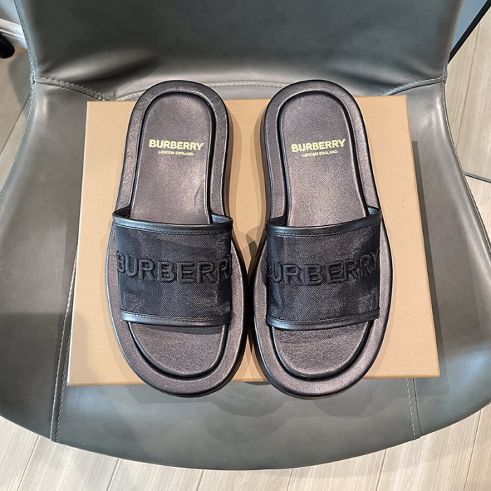 Burberry Womens Shoes Embroidered Logo Mesh and Leather Slides 80392501