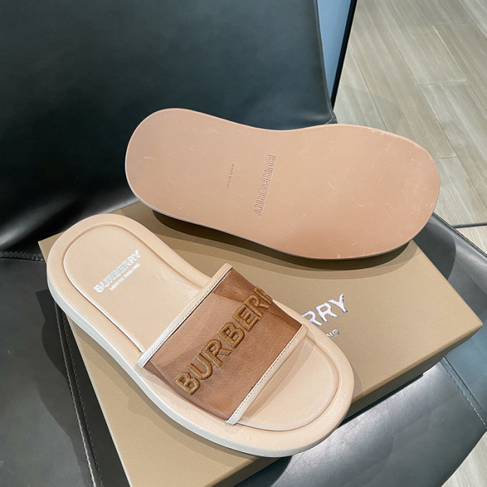 Burberry Womens Shoes Embroidered Logo Mesh and Leather Slides 80406931