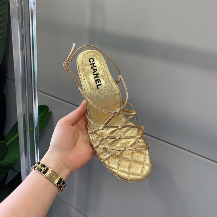 Chanel Womens Shoes Sandals Laminated Lambskin Gold G36876 X55079 0K203