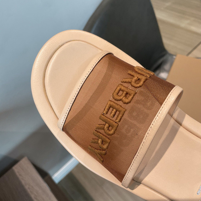 Burberry Womens Shoes Embroidered Logo Mesh and Leather Slides 80406931