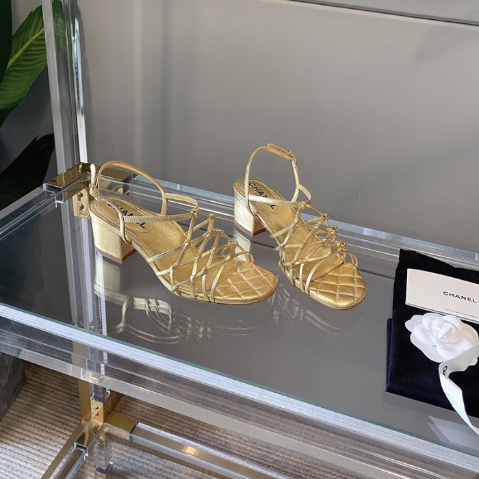 Chanel Womens Shoes Sandals Laminated Lambskin Gold G36876 X55079 0K203
