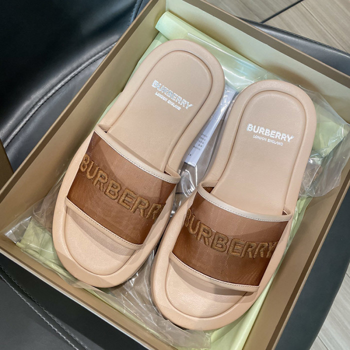 Burberry Womens Shoes Embroidered Logo Mesh and Leather Slides 80406931