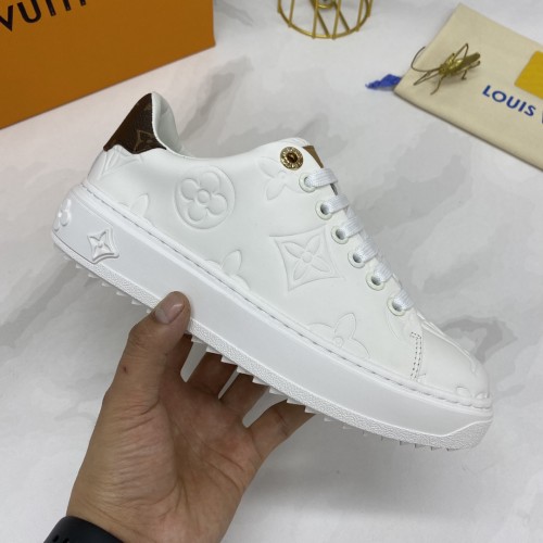 Louis Vuitton Women Shoes Sneakers Lace-Up Luxury Brand Fashion TIME OUT SNEAKER White Monogram-debossed calf leather 1A8VYT with Original Box