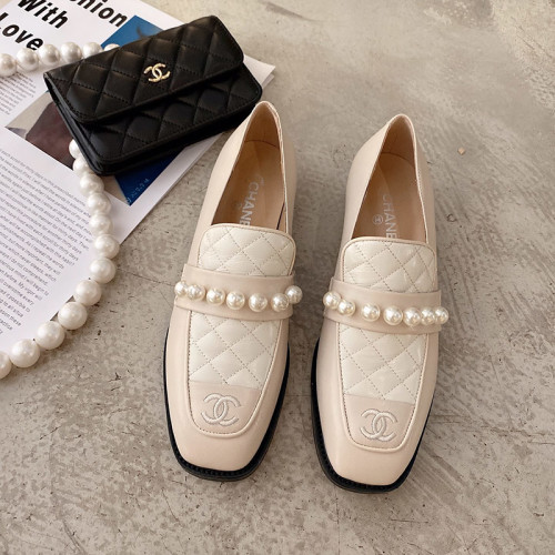 Chanel Womens Shoes Leather Pearls Loafers