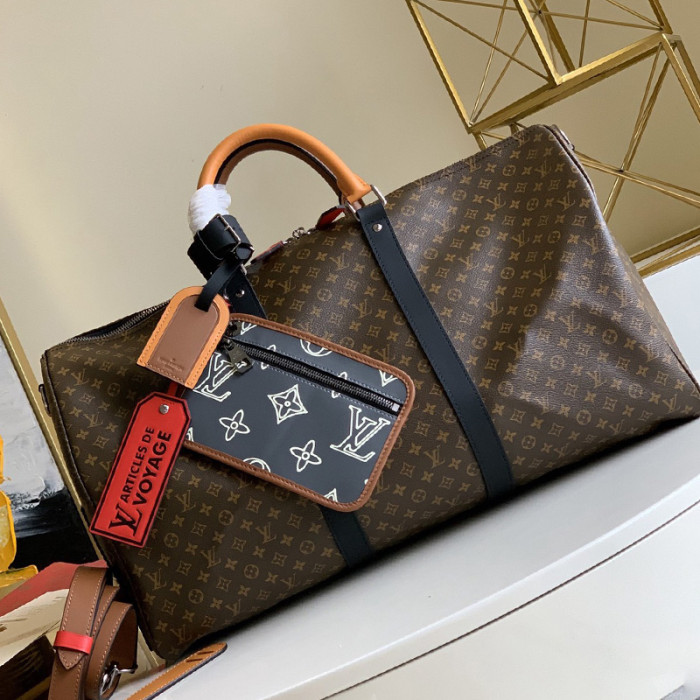 Louis Vuitton Womens and Mens Unisex Bags Luxury Brand KEEPALL BANDOULIÈRE 50 Monogram coated canvas and cowhide leather M56855