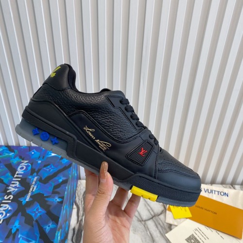Louis Vuitton Men Shoes Sports Sneakers Luxury Brand LV TRAINER SNEAKER Black Monogram-embossed grained calf leather with Original Box 1A8ZQL