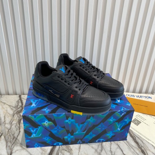 Louis Vuitton Men Shoes Sports Sneakers Luxury Brand LV TRAINER SNEAKER Black Monogram-embossed grained calf leather with Original Box 1A8ZQL