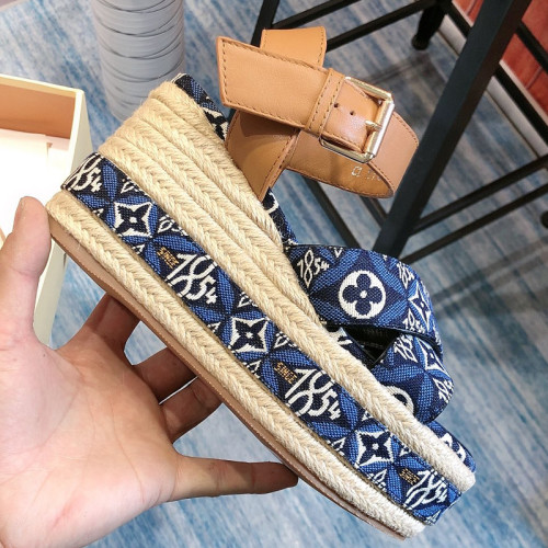Louis Vuitton Womens Shoes Sandals Leather Design Luxury Brand SINCE 1854 BOUNDARY WEDGE SANDAL 1A8N9F Blue Jacquard textile and natural cowhide leather