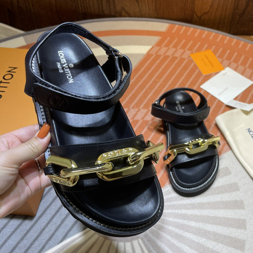 Louis Vuitton Womens Shoes Sandals Leather Design Luxury Brand PASEO FLAT COMFORT SANDAL Black Monogram-embossed lamb leather and calf leather
