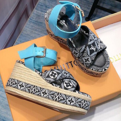 Louis Vuitton Womens Shoes Sandals Leather Design Luxury Brand SINCE 1854 BOUNDARY WEDGE SANDAL Jacquard textile and natural cowhide leather