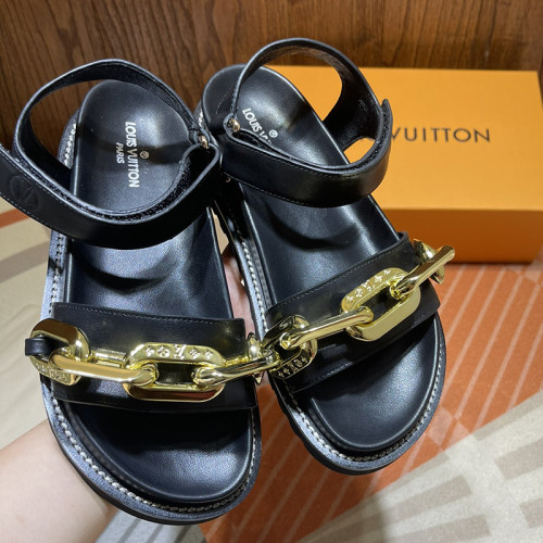 Louis Vuitton Womens Shoes Sandals Leather Design Luxury Brand PASEO FLAT COMFORT SANDAL Black Monogram-embossed lamb leather and calf leather