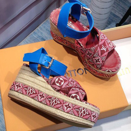 Louis Vuitton Womens Shoes Sandals Leather Design Luxury Brand SINCE 1854 BOUNDARY WEDGE SANDAL Red Jacquard textile and natural cowhide leather