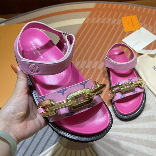 Louis Vuitton Womens Shoes Sandals Leather Design Luxury Brand PASEO FLAT COMFORT SANDAL 1A90PW Pink Monogram-embossed lamb leather and calf leather