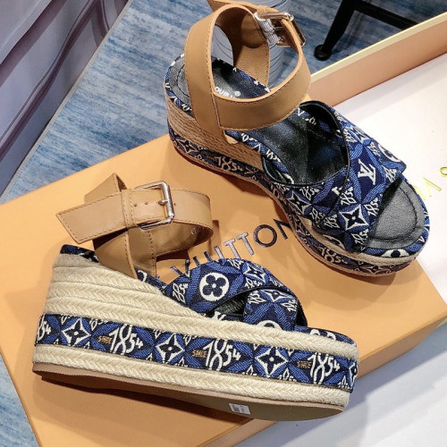 Louis Vuitton Womens Shoes Sandals Leather Design Luxury Brand SINCE 1854 BOUNDARY WEDGE SANDAL 1A8N9F Blue Jacquard textile and natural cowhide leather