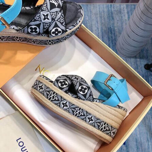 Louis Vuitton Womens Shoes Sandals Leather Design Luxury Brand SINCE 1854 BOUNDARY WEDGE SANDAL Jacquard textile and natural cowhide leather
