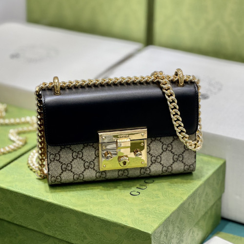 Gucci Womens Bags Shoulder Messenger Bag Luxury Brand Black Leather GG Supreme Padlock small GG shoulder bag 409487 KLQJG 9785